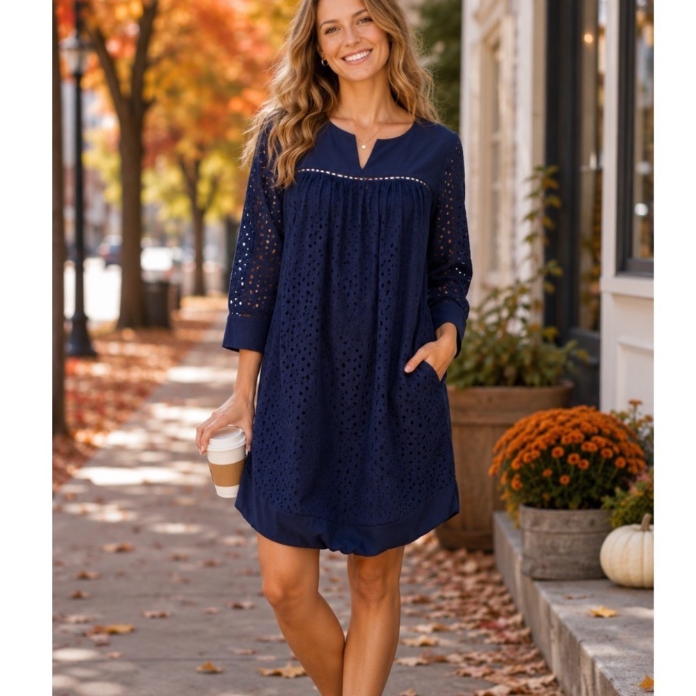 Crown & Ivy‎ Dress Sz 12 Navy Eyelet  3/4 Sleeve Cottage Core